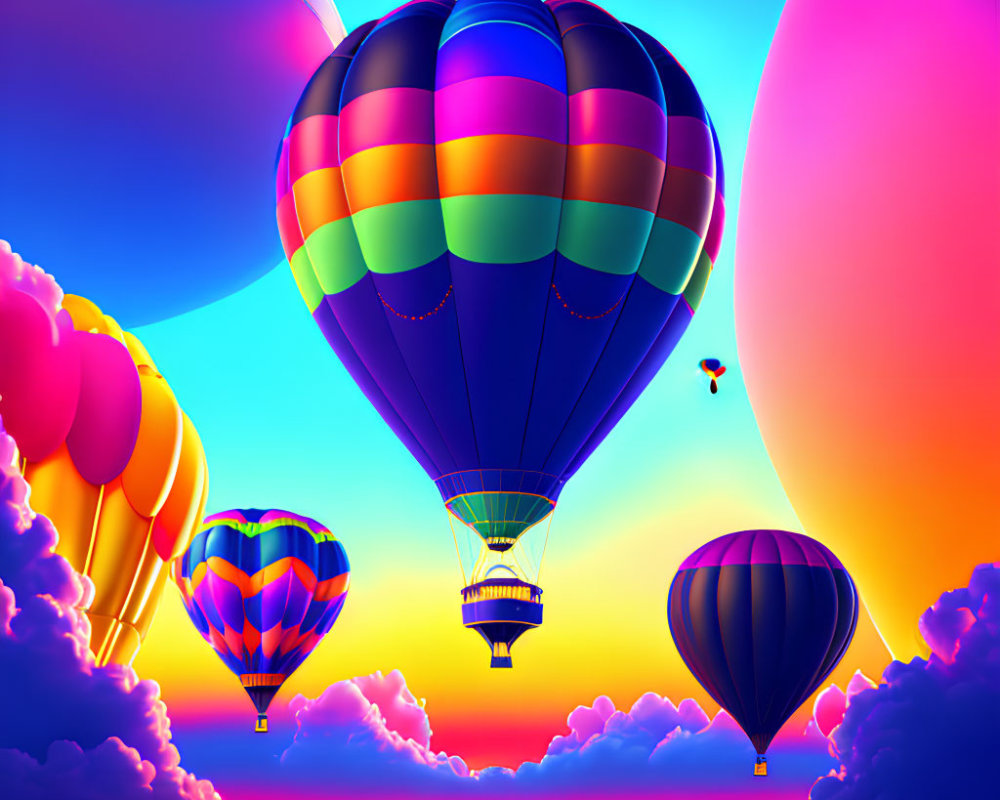 Vibrant hot air balloons in surreal sky with fluffy clouds and mirror-like water