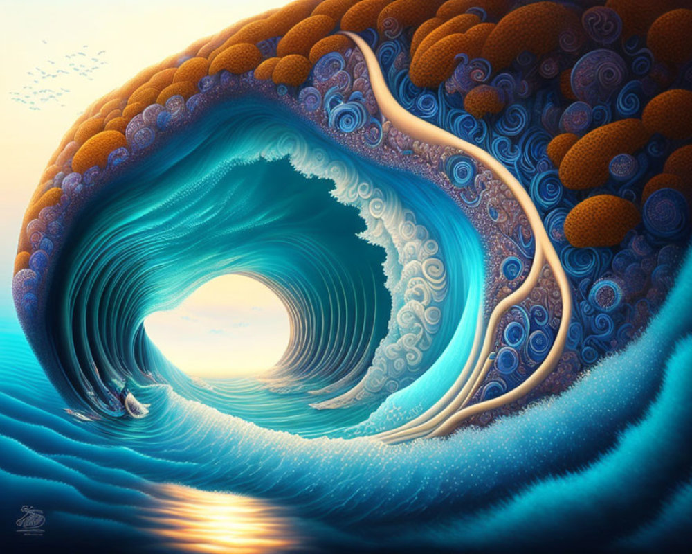 Vibrant surreal painting: Wave with intricate patterns, sunset sky