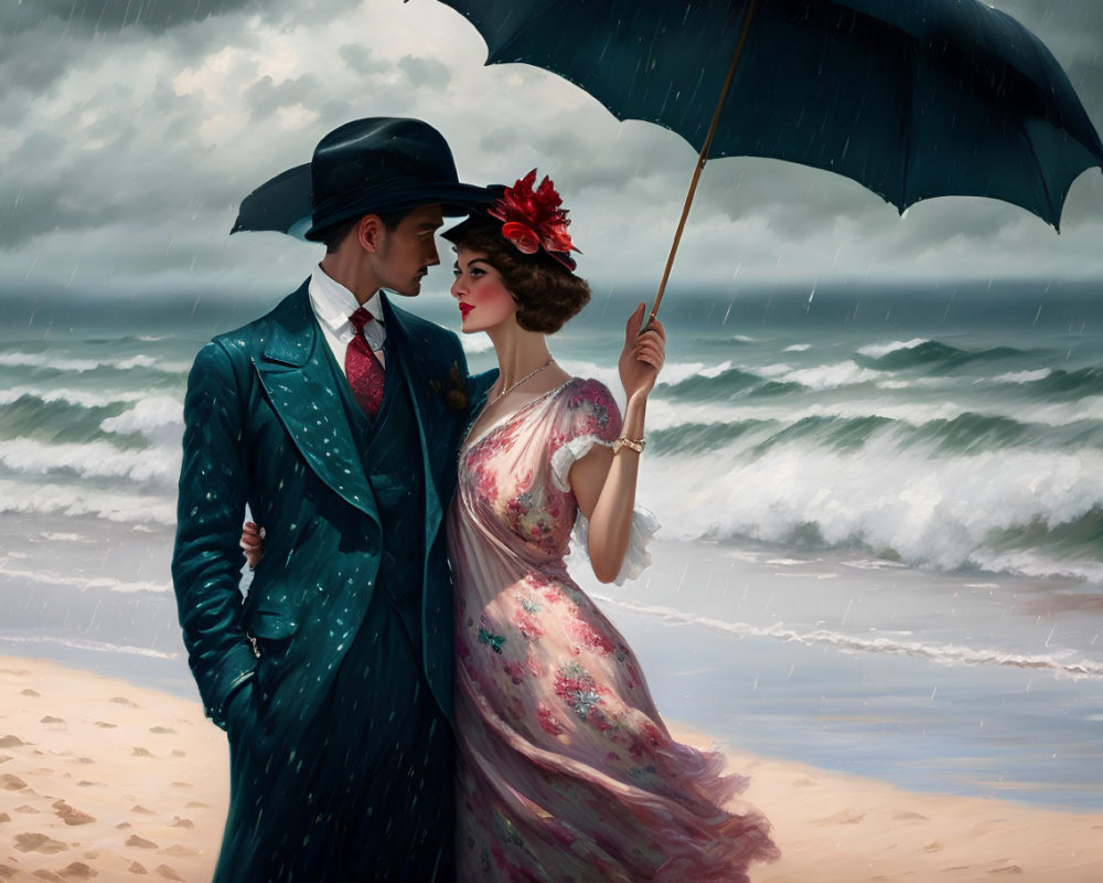 Vintage-dressed couple on beach under umbrella with stormy sky