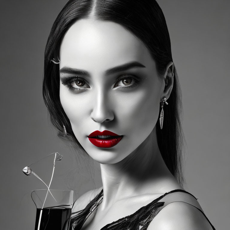 Monochrome portrait of woman with red lips, lace dress, and diamond earrings