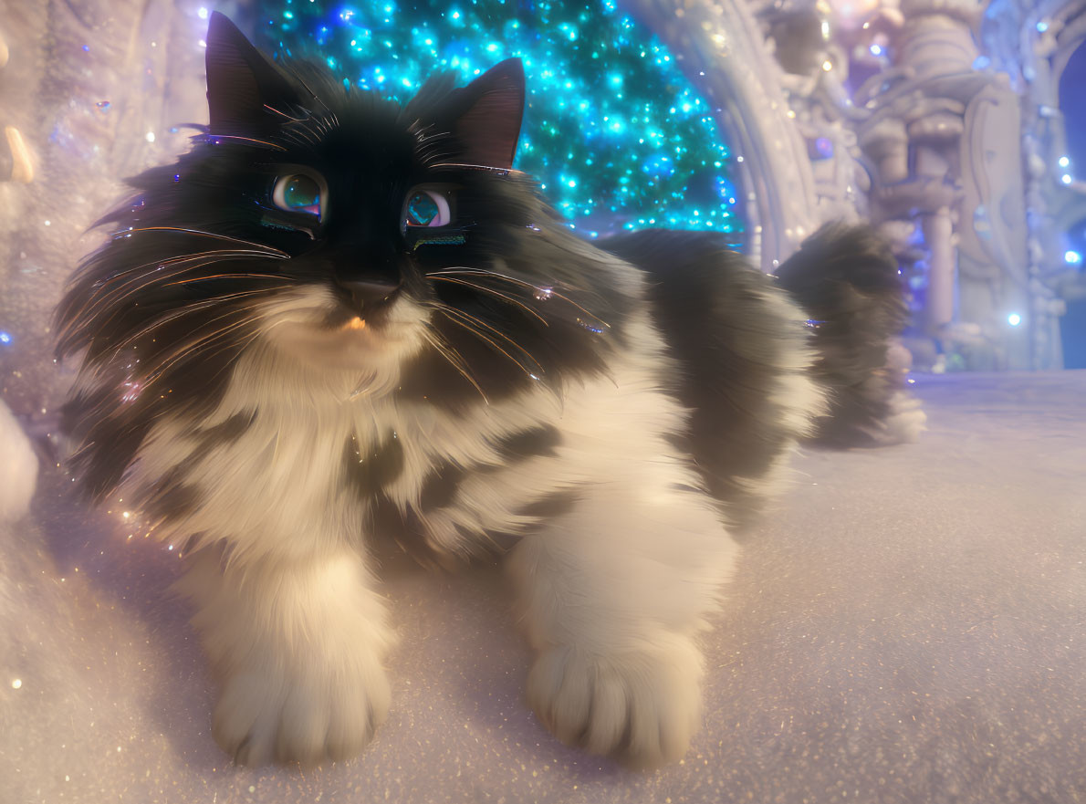 Black and White Cat with Blue Eyes in Winter Wonderland