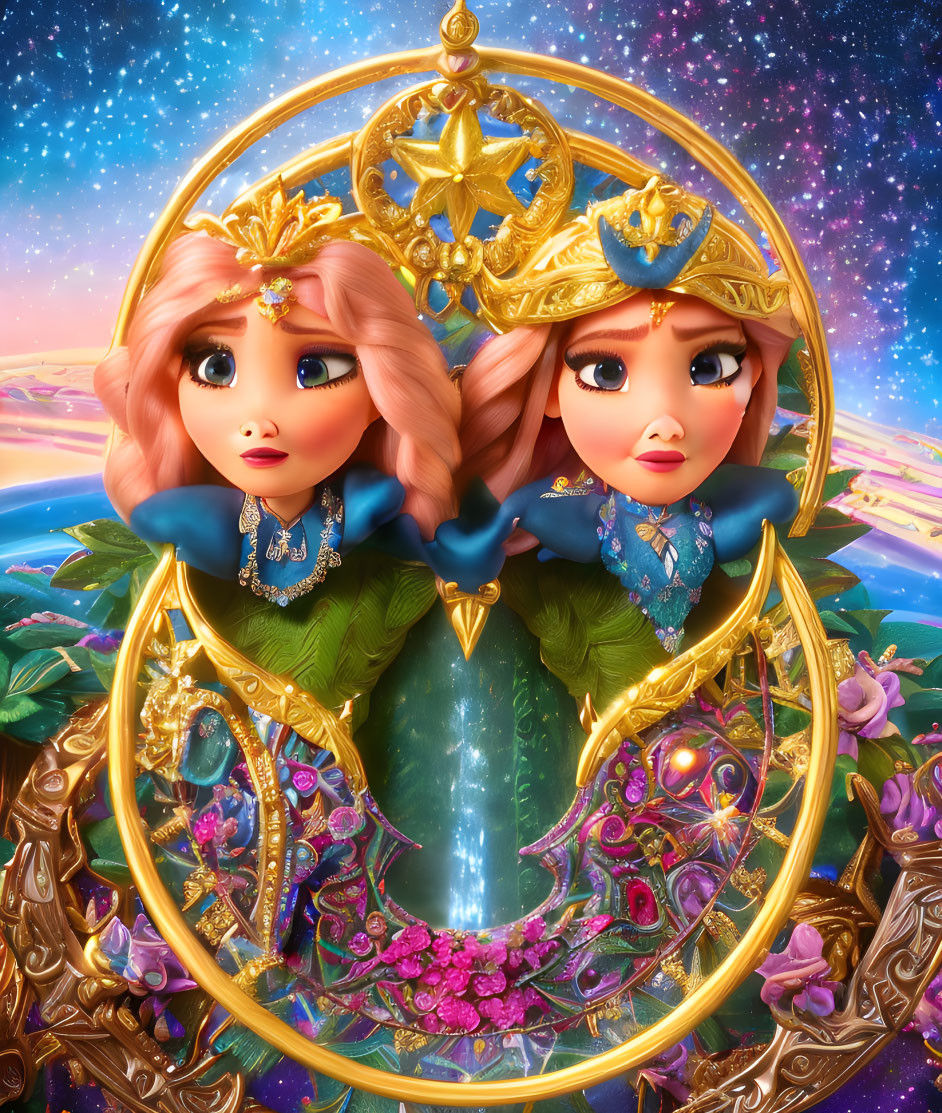Identical animated dolls with golden crowns in blue dresses against cosmic backdrop