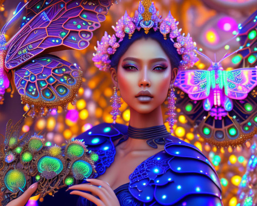Colorful digital artwork of woman in peacock attire with neon lights
