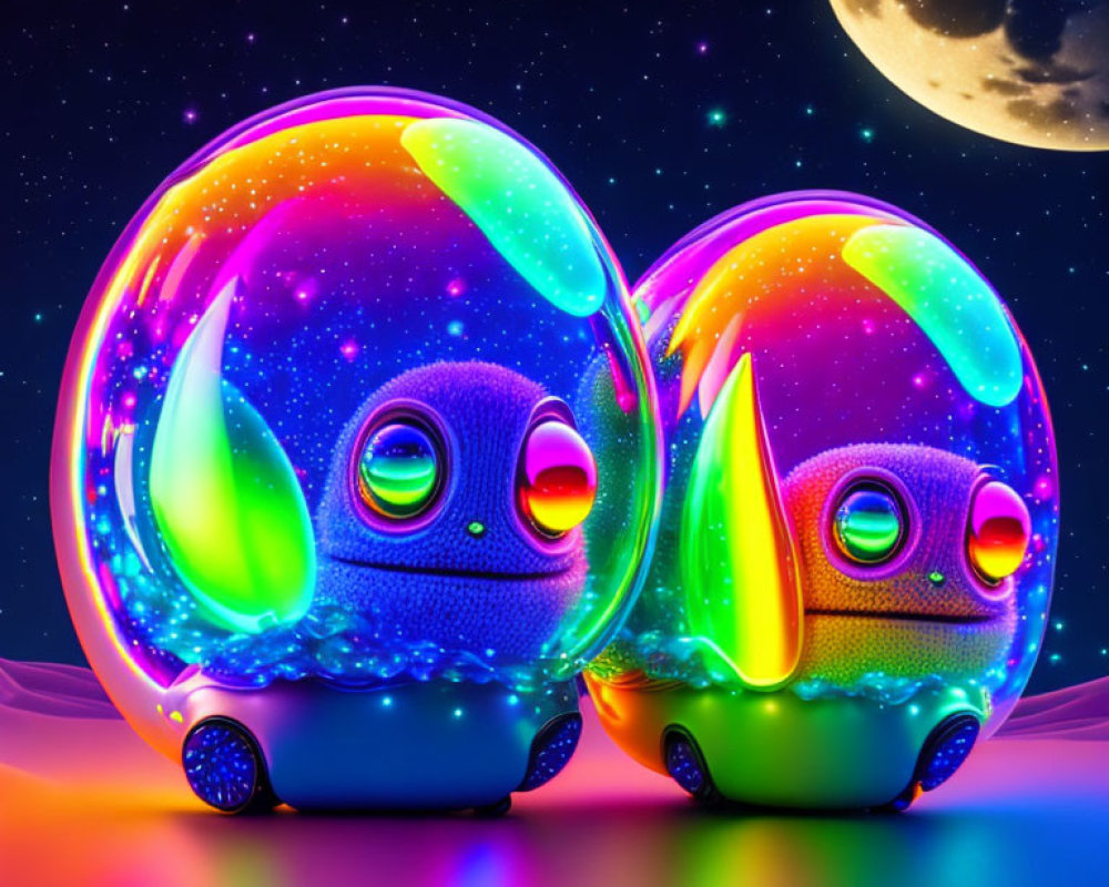 Colorful Creatures under Night Sky with Stars and Full Moon