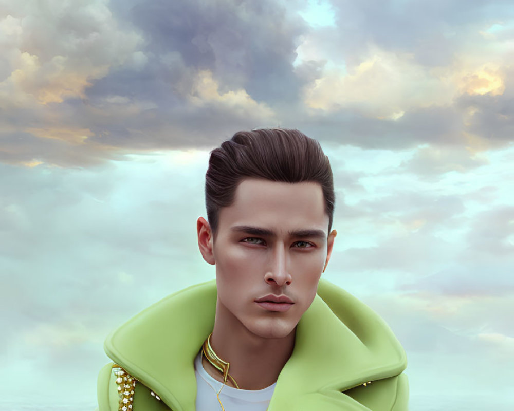 Man in lime green jacket with slicked-back hair against cloudy sky