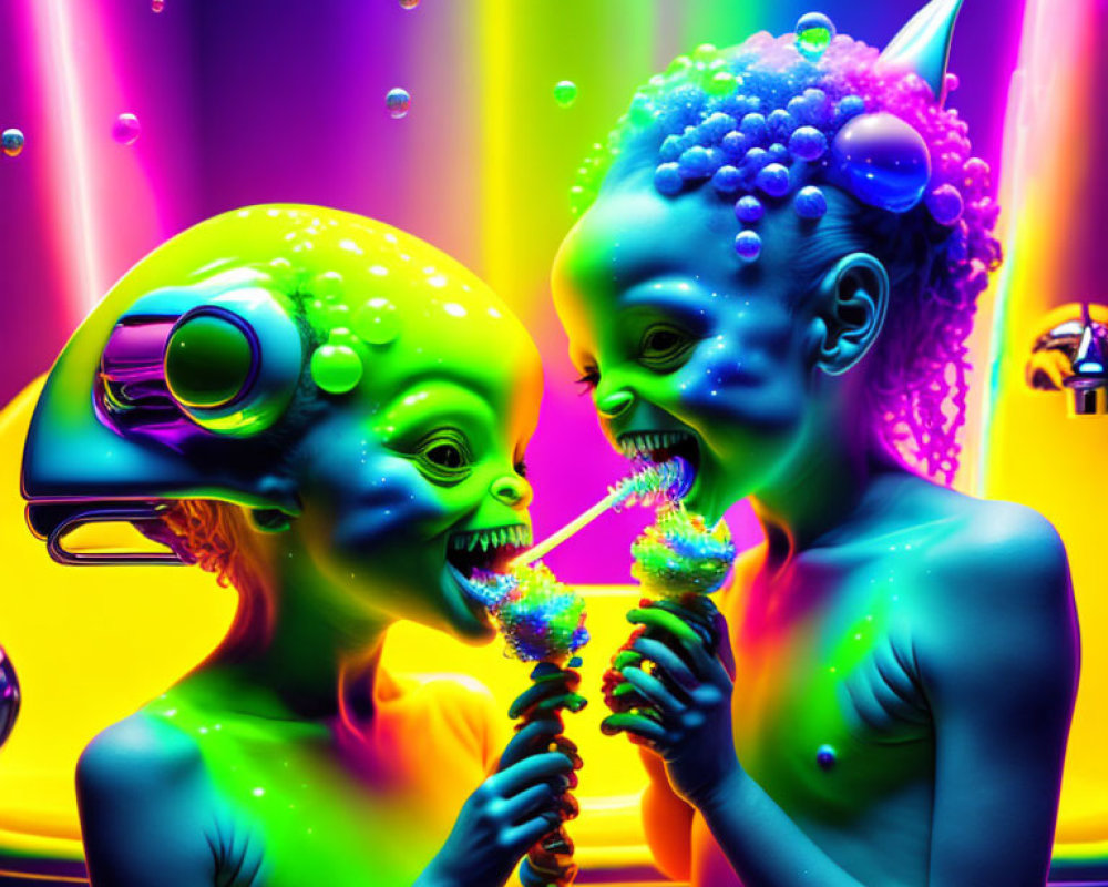Colorful Alien-Like Figures Sharing Treat in Neon-Lit Scene