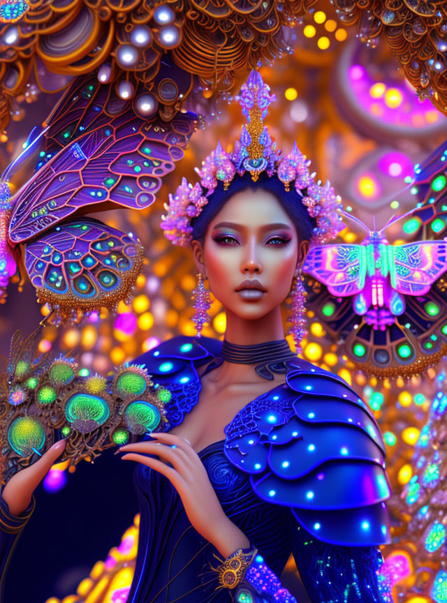 Colorful digital artwork of woman in peacock attire with neon lights