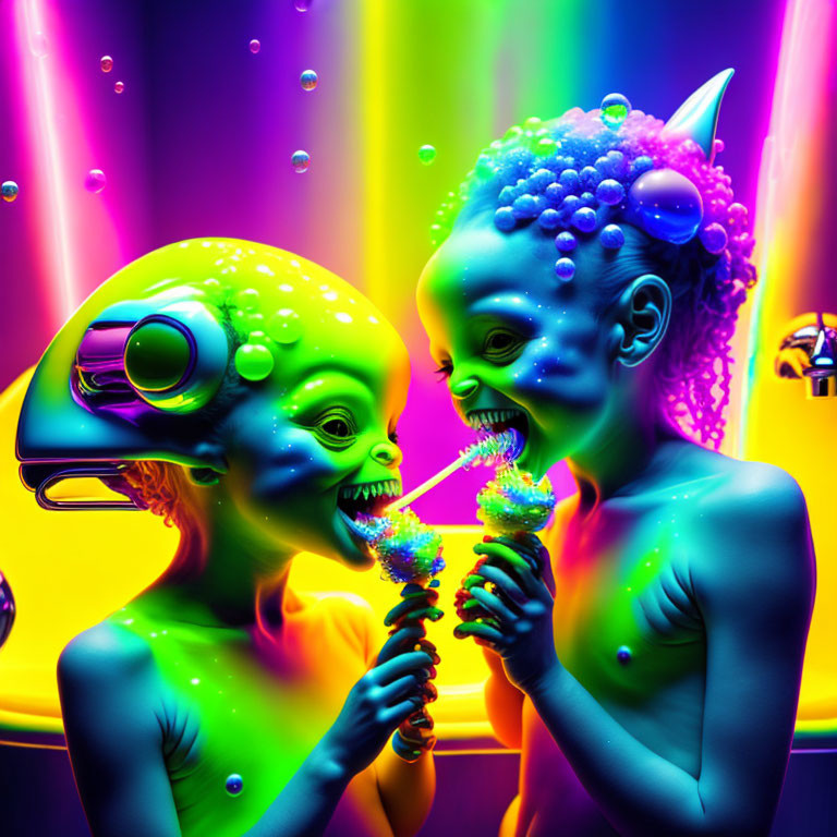 Colorful Alien-Like Figures Sharing Treat in Neon-Lit Scene