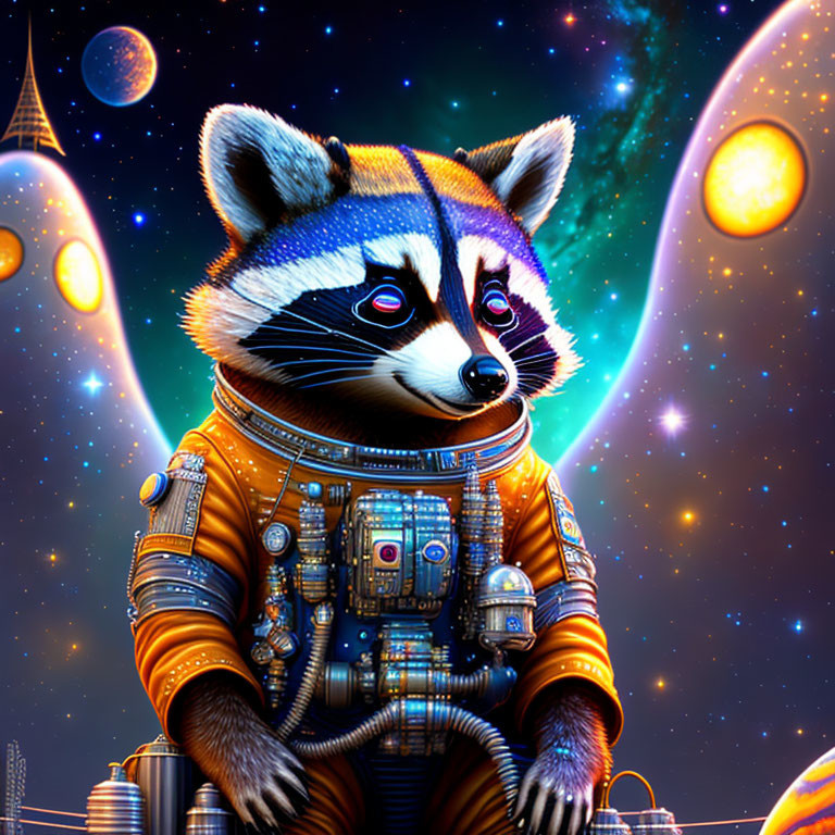 Detailed Raccoon Astronaut in Orange Spacesuit with Cosmic Background