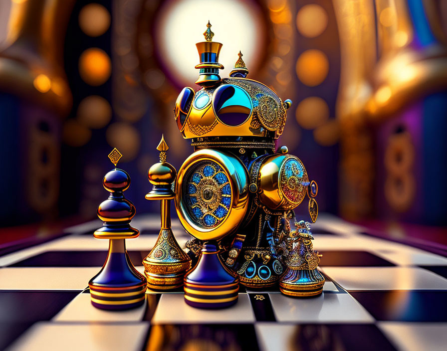 Steampunk-inspired digital artwork of ornate chess pieces on checkered board