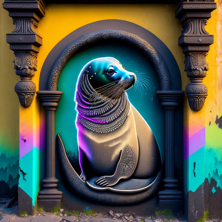 Colorful Street Art Mural Featuring Seal with Purple Necklace