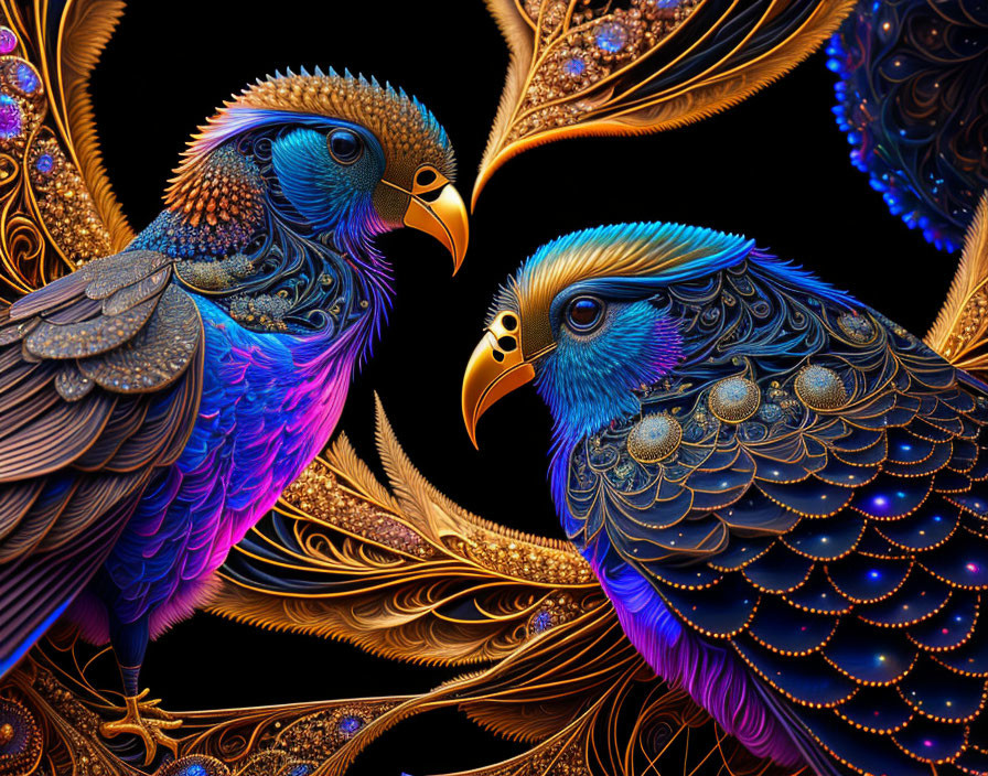 Intricate digital artwork: Stylized birds with blue and gold feathers on dark background