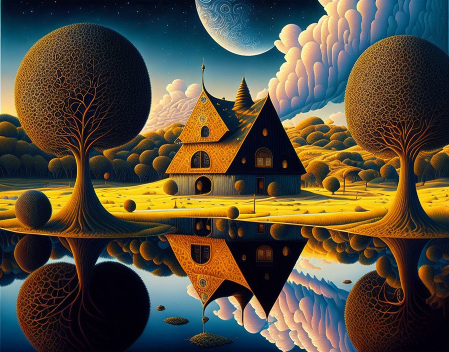 Stylized house in whimsical landscape under starry sky