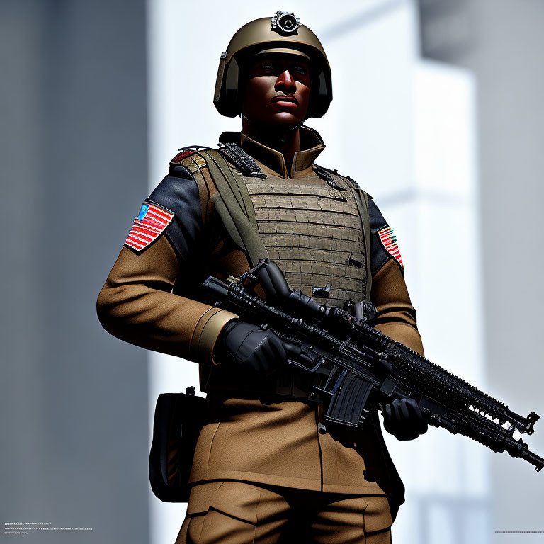 Military figure in helmet and tactical gear with assault rifle in well-lit setting
