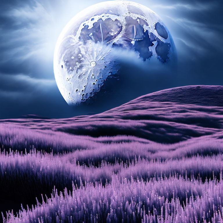 Large Moon Over Surreal Purple Grass Landscape