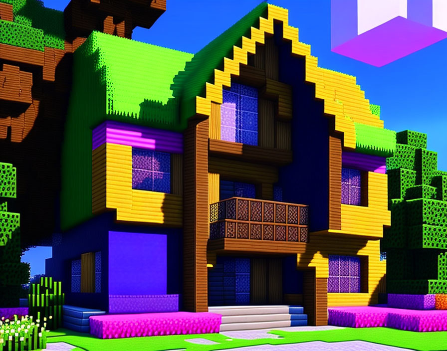 Colorful Voxel-Based Digital Rendering of Large House with Vibrant Landscape
