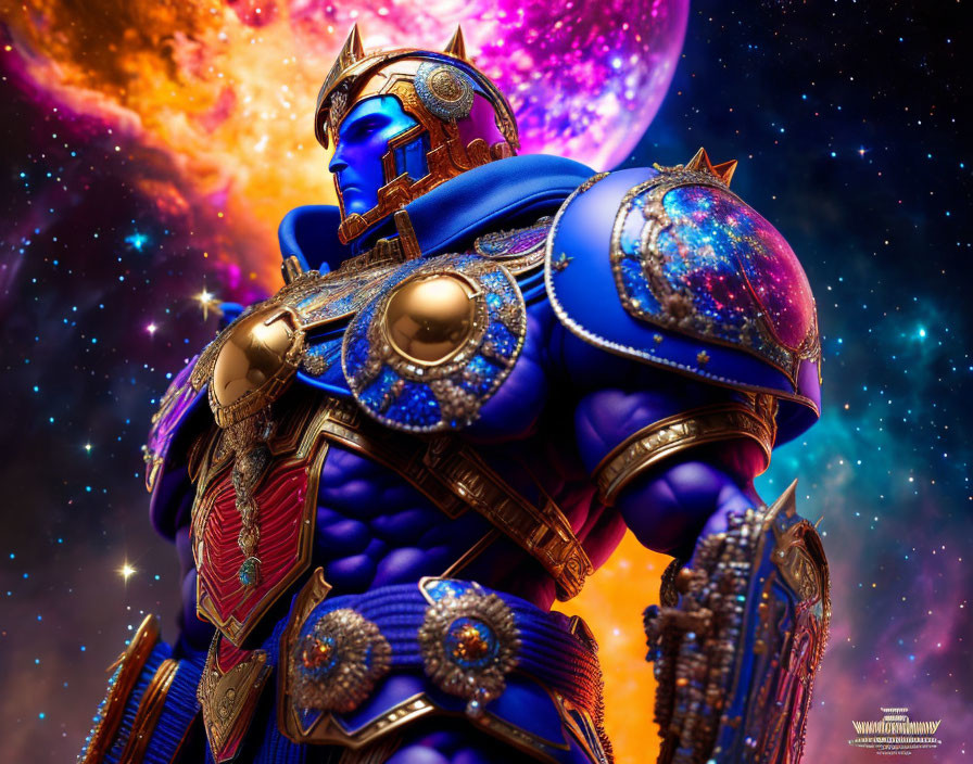 Cosmic-themed digital artwork of blue-armored figure in starry setting
