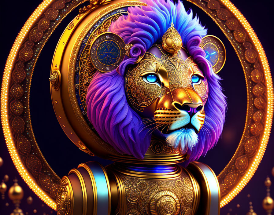 Regal lion with mechanical body and golden headgear on intricate background