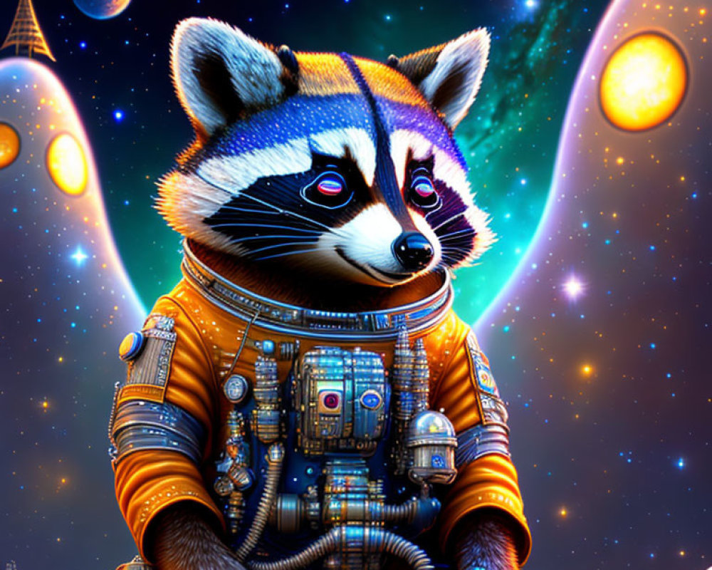 Detailed Raccoon Astronaut in Orange Spacesuit with Cosmic Background