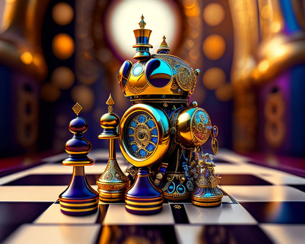Steampunk-inspired digital artwork of ornate chess pieces on checkered board