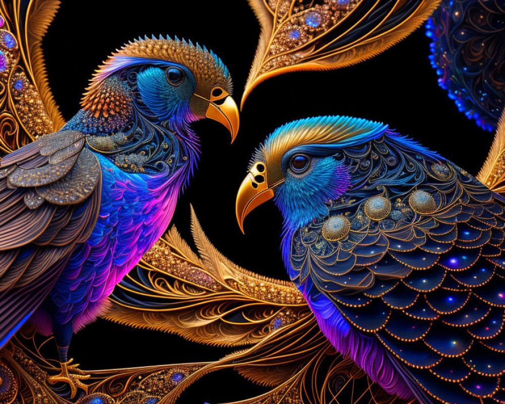 Intricate digital artwork: Stylized birds with blue and gold feathers on dark background