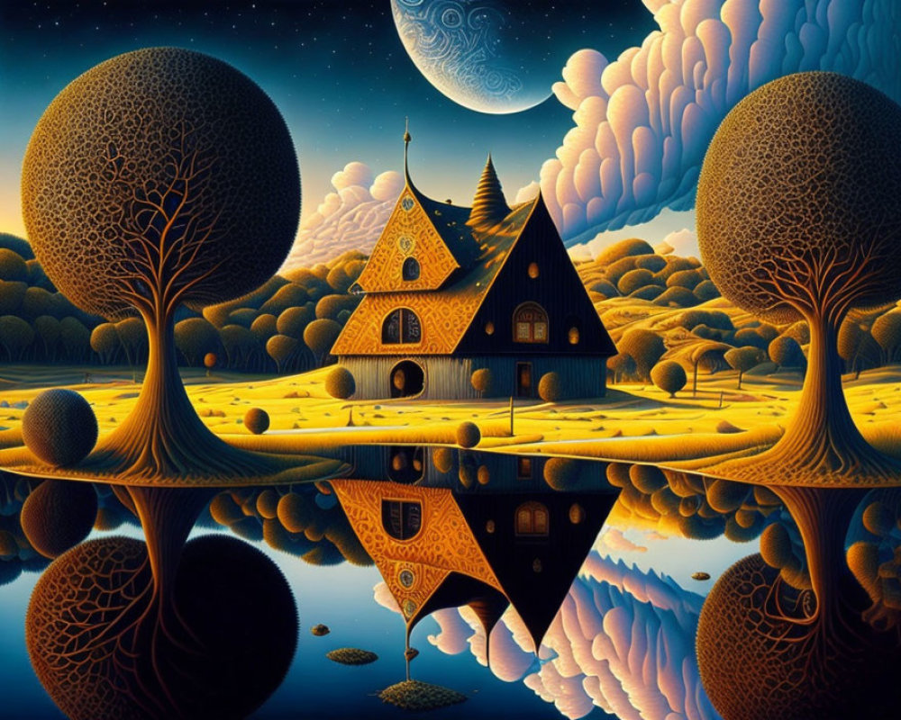 Stylized house in whimsical landscape under starry sky