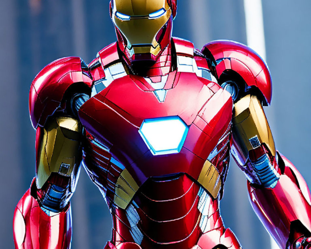 Detailed Close-Up of Red and Gold Iron Man Suit with Glowing Arc Reactor