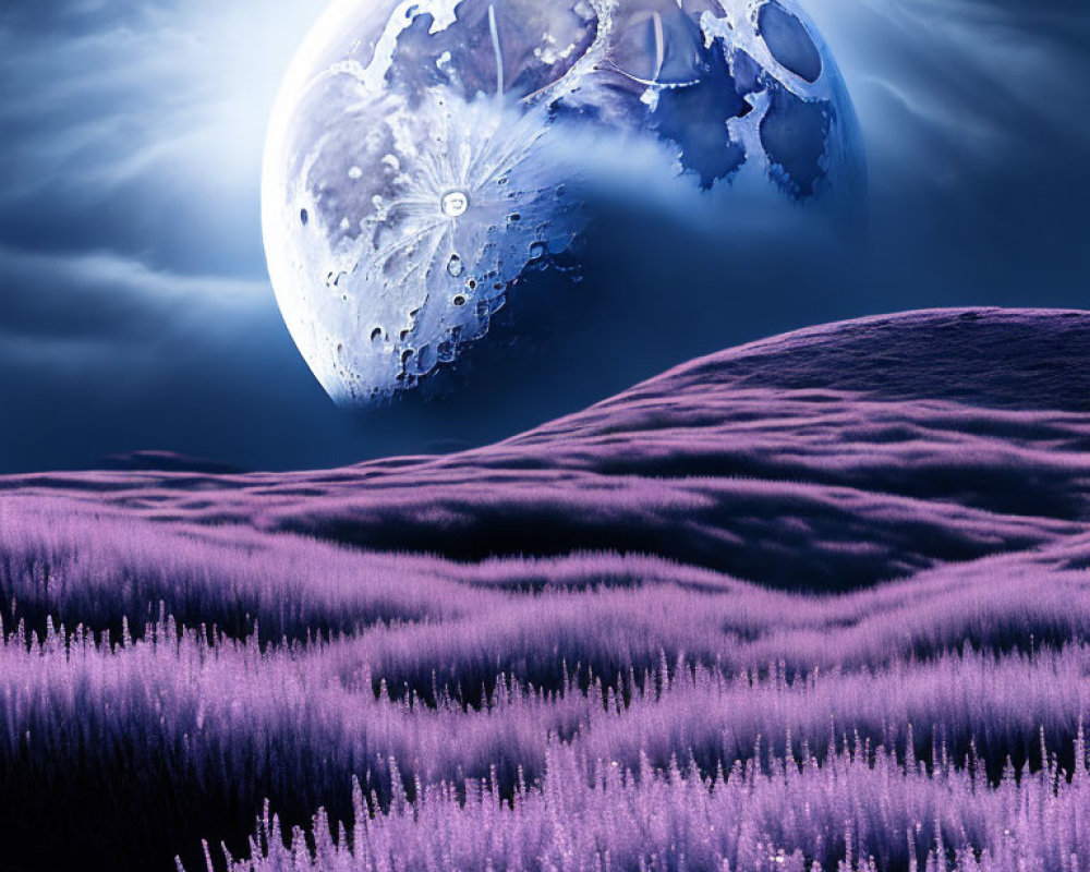 Large Moon Over Surreal Purple Grass Landscape
