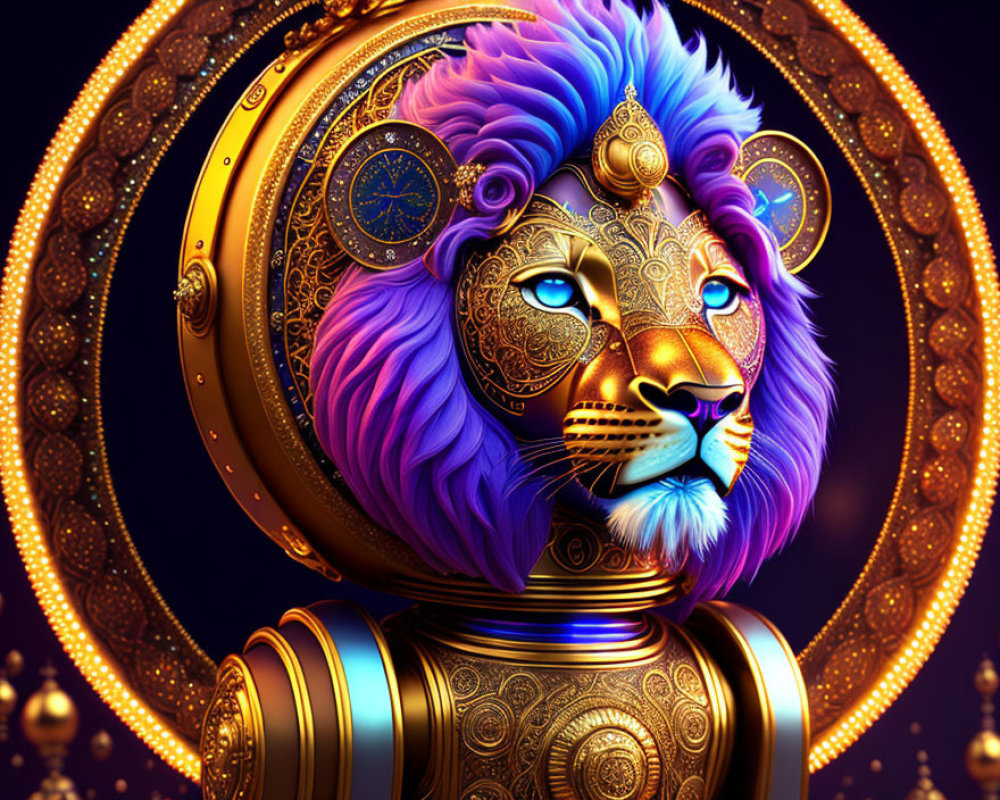 Regal lion with mechanical body and golden headgear on intricate background