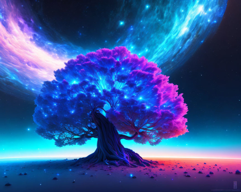 Bioluminescent tree with blue and pink leaves on alien planet