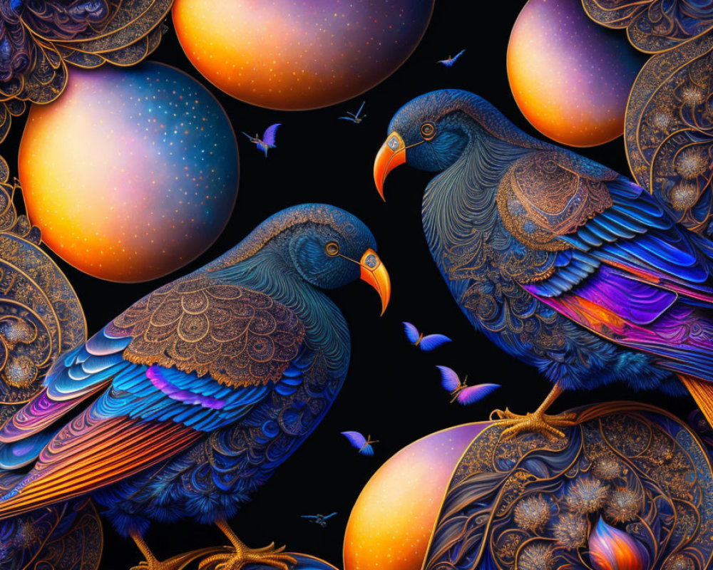 Colorful digital art featuring stylized birds with intricate patterns, celestial orbs, and butterflies on dark background
