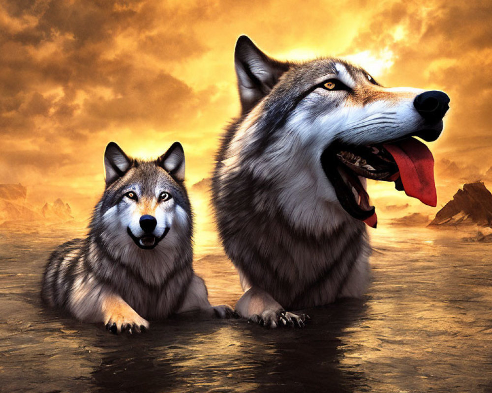 Two wolves under golden sunset sky with dramatic clouds
