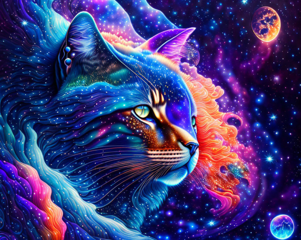 Colorful Cosmic Cat Artwork with Starry Space Background