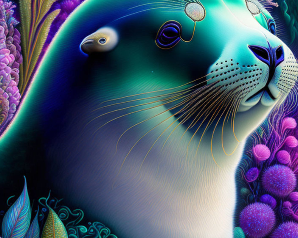 Colorful Seal Surrounded by Underwater Flora Patterns