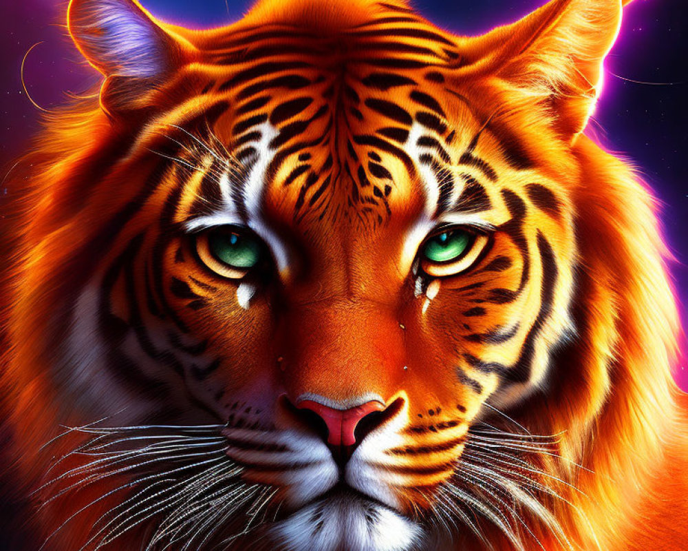 Vivid digital art portrait: Tiger with green eyes on cosmic background