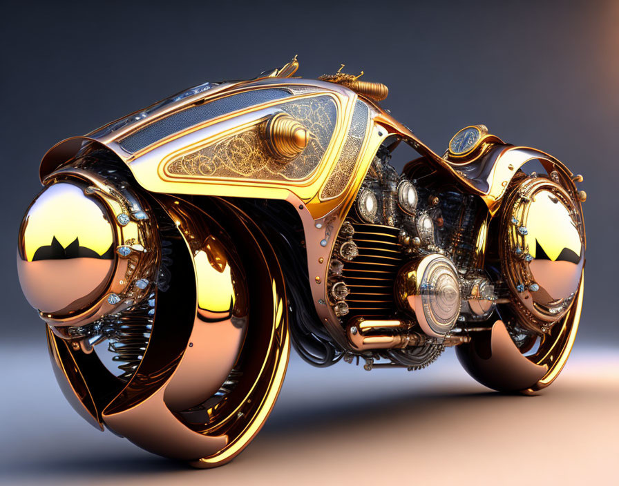 Futuristic golden motorcycle with reflective sphere wheels