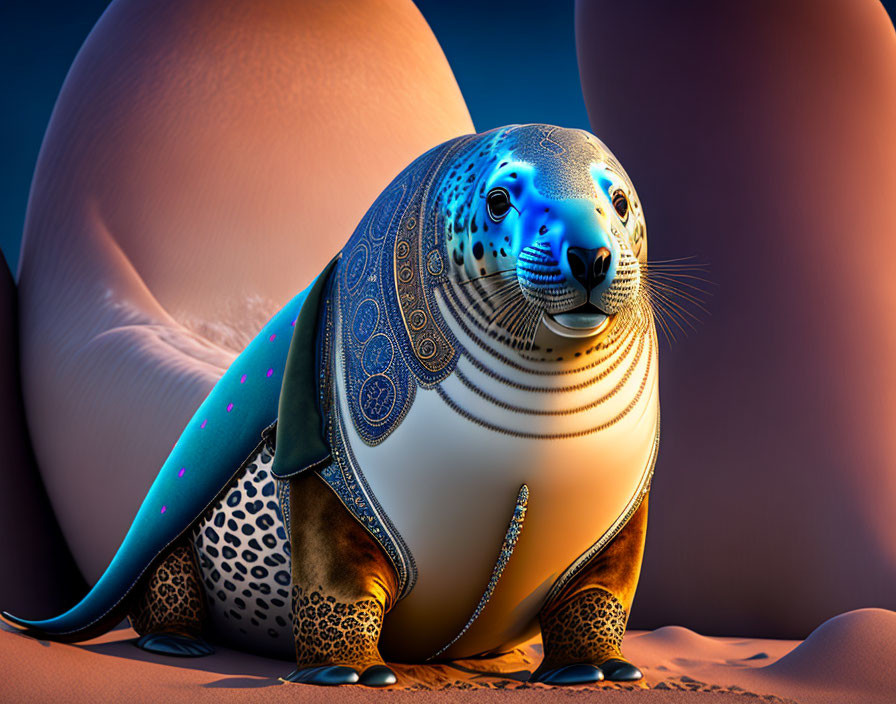 Stylized digital artwork: Seal with blue patterns on sandy surface