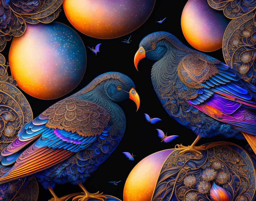 Colorful digital art featuring stylized birds with intricate patterns, celestial orbs, and butterflies on dark background