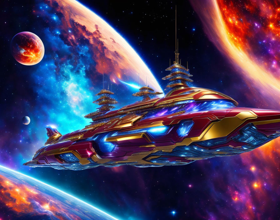 Futuristic spaceship illustration in golden and blue design in cosmic backdrop
