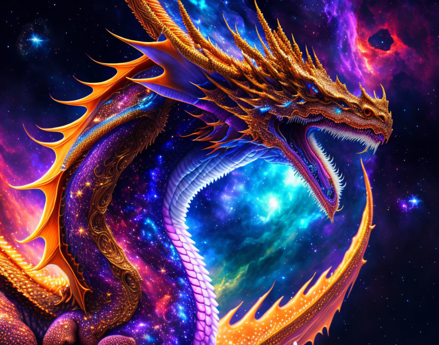 Majestic golden dragon against cosmic nebula backdrop