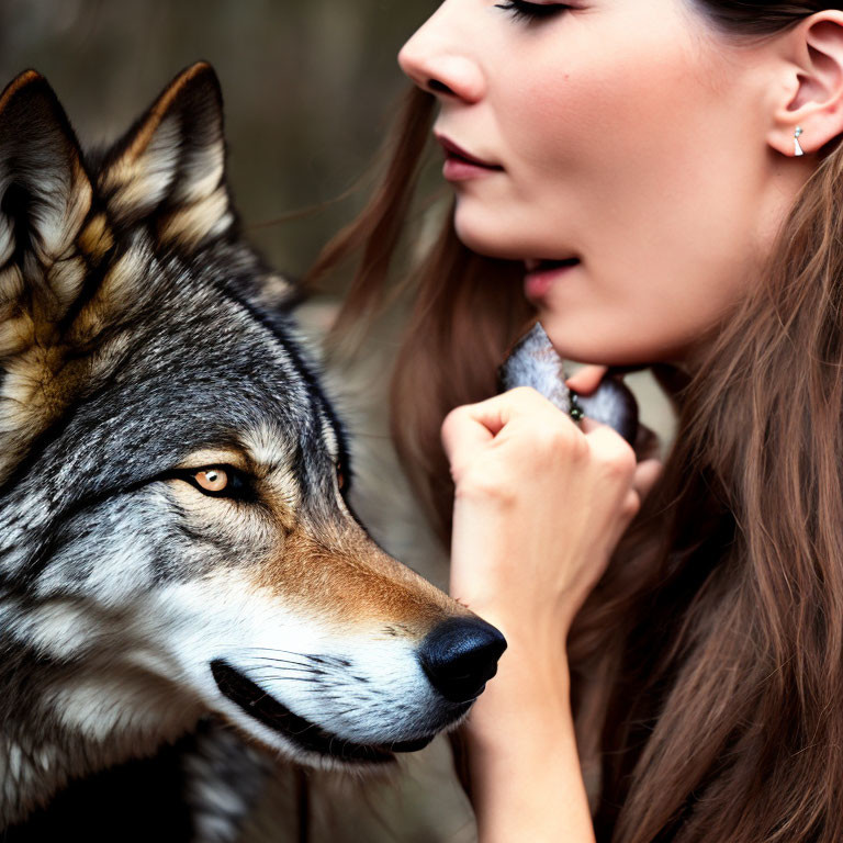 Woman and wolf in close connection, sharing a serene moment.