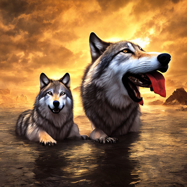 Two wolves under golden sunset sky with dramatic clouds