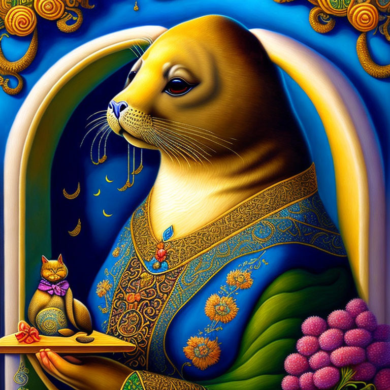 Colorful Regal Seal and Cat in Blue Robes with Fan on Ornate Background