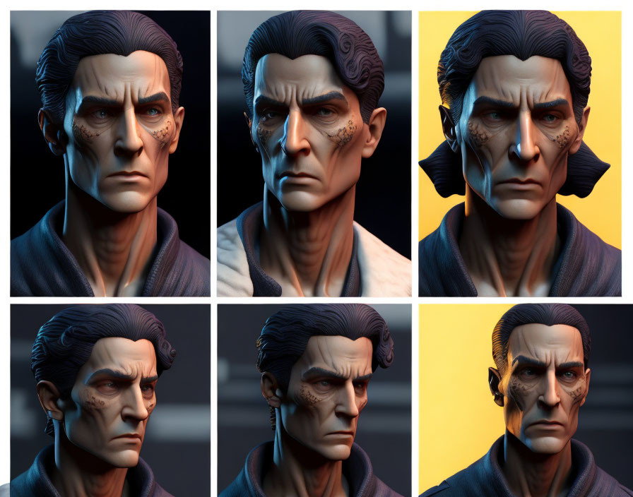 Stylized male face with prominent cheekbones and expressive eyebrows