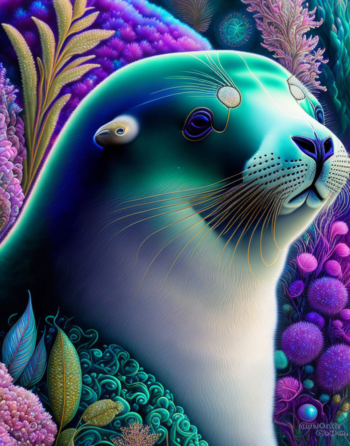 Colorful Seal Surrounded by Underwater Flora Patterns