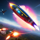 Futuristic rockets ascending with flames and smoke in cloudy sky