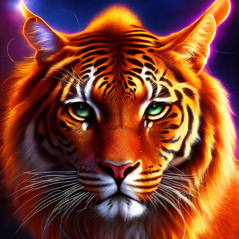 Vivid digital art portrait: Tiger with green eyes on cosmic background