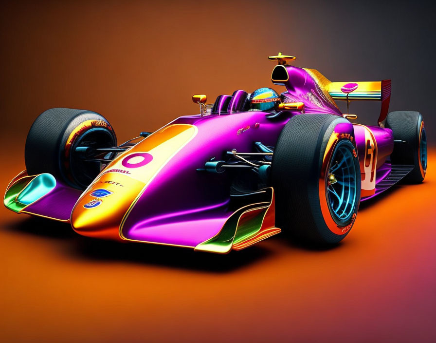 Vibrant Formula 1 Racing Car in Purple, Orange & Yellow Gradient on Background