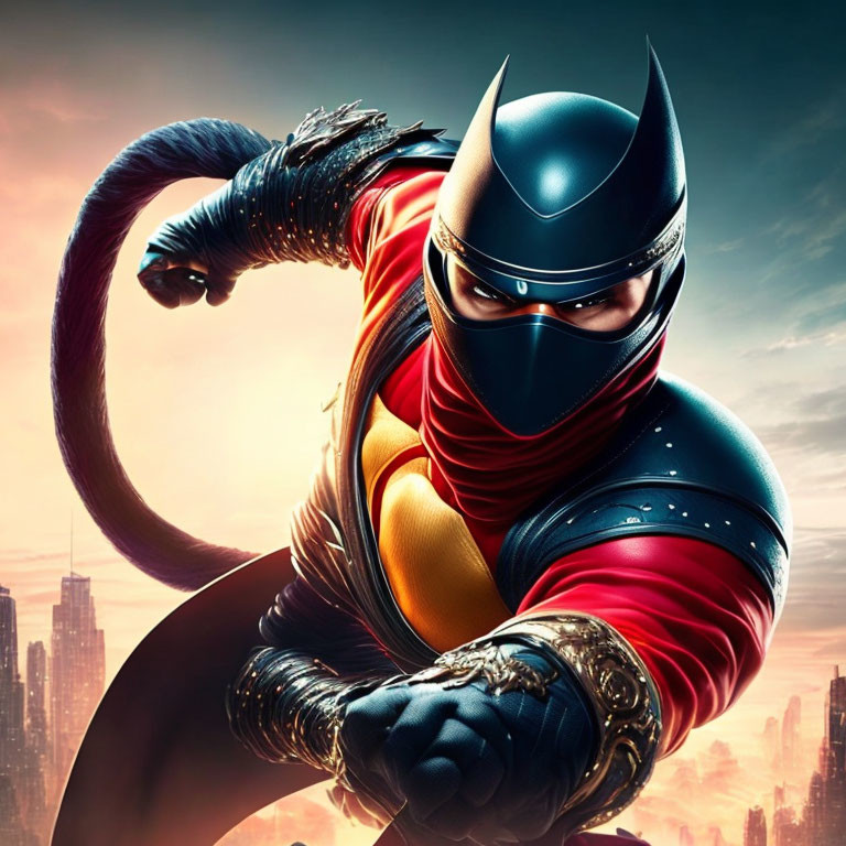Stylized superhero character in black and red suit against cityscape at dusk