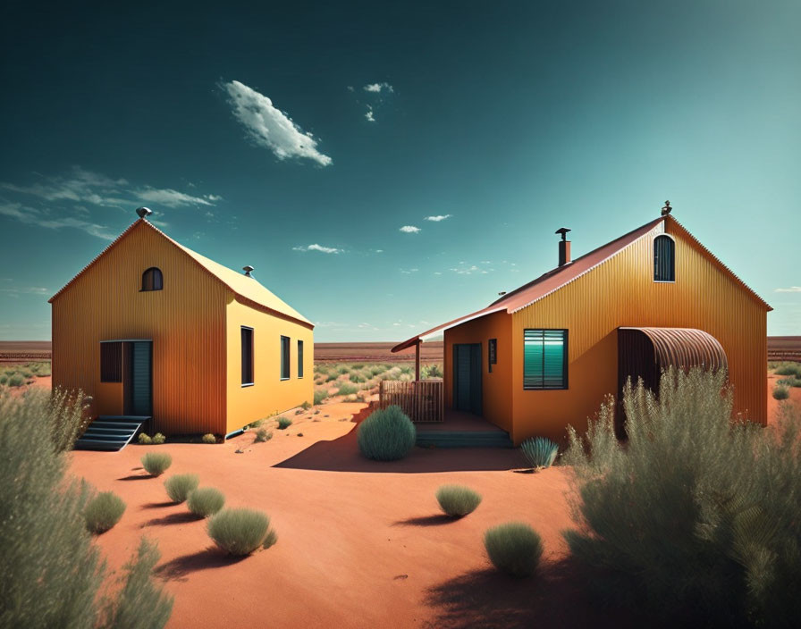 Orange Houses with Corrugated Roofs in Desert Landscape